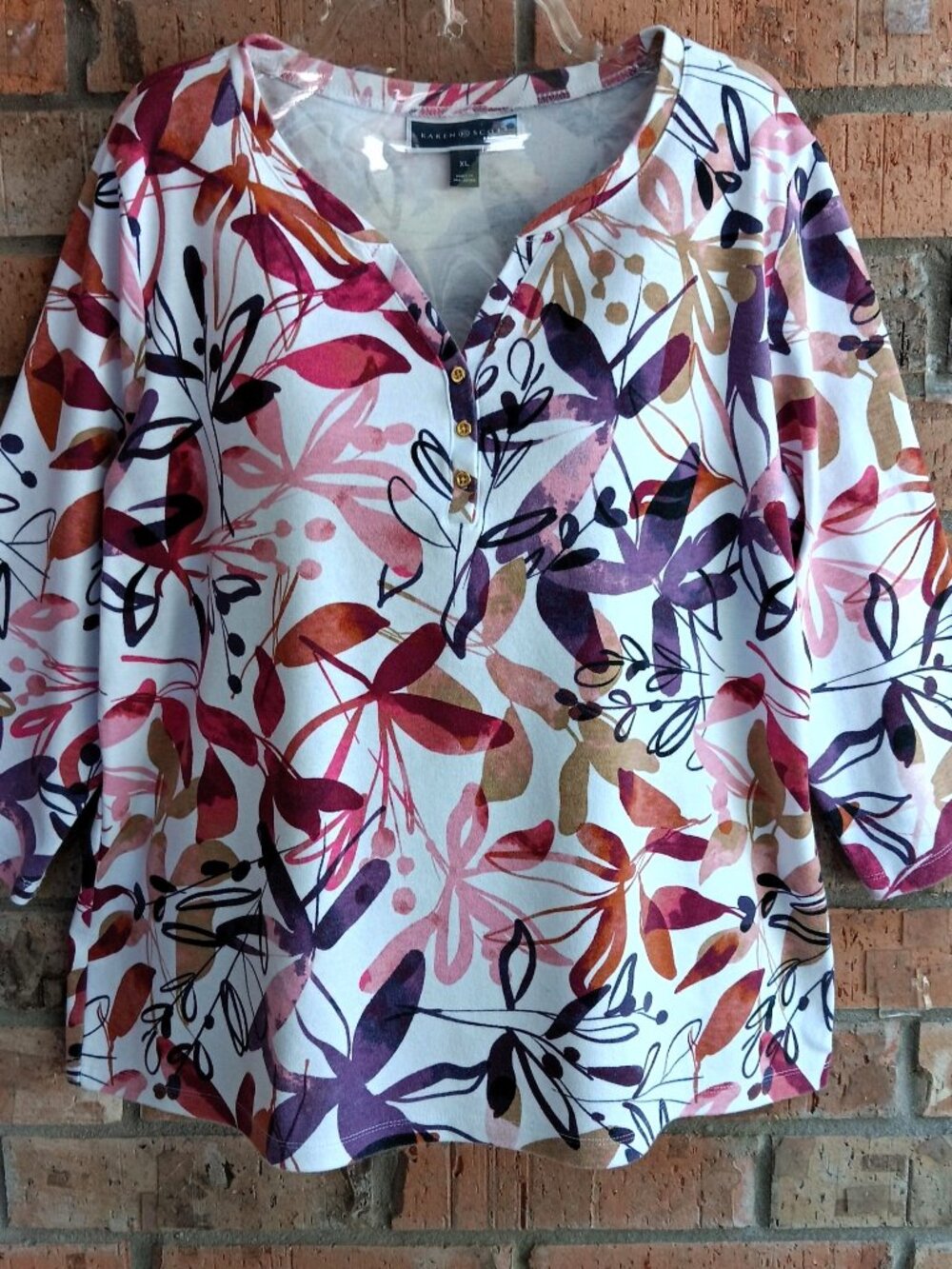 Karen Scott Womens Top Blouse Henley 3/4 Sleeves White Floral Print Size XL
